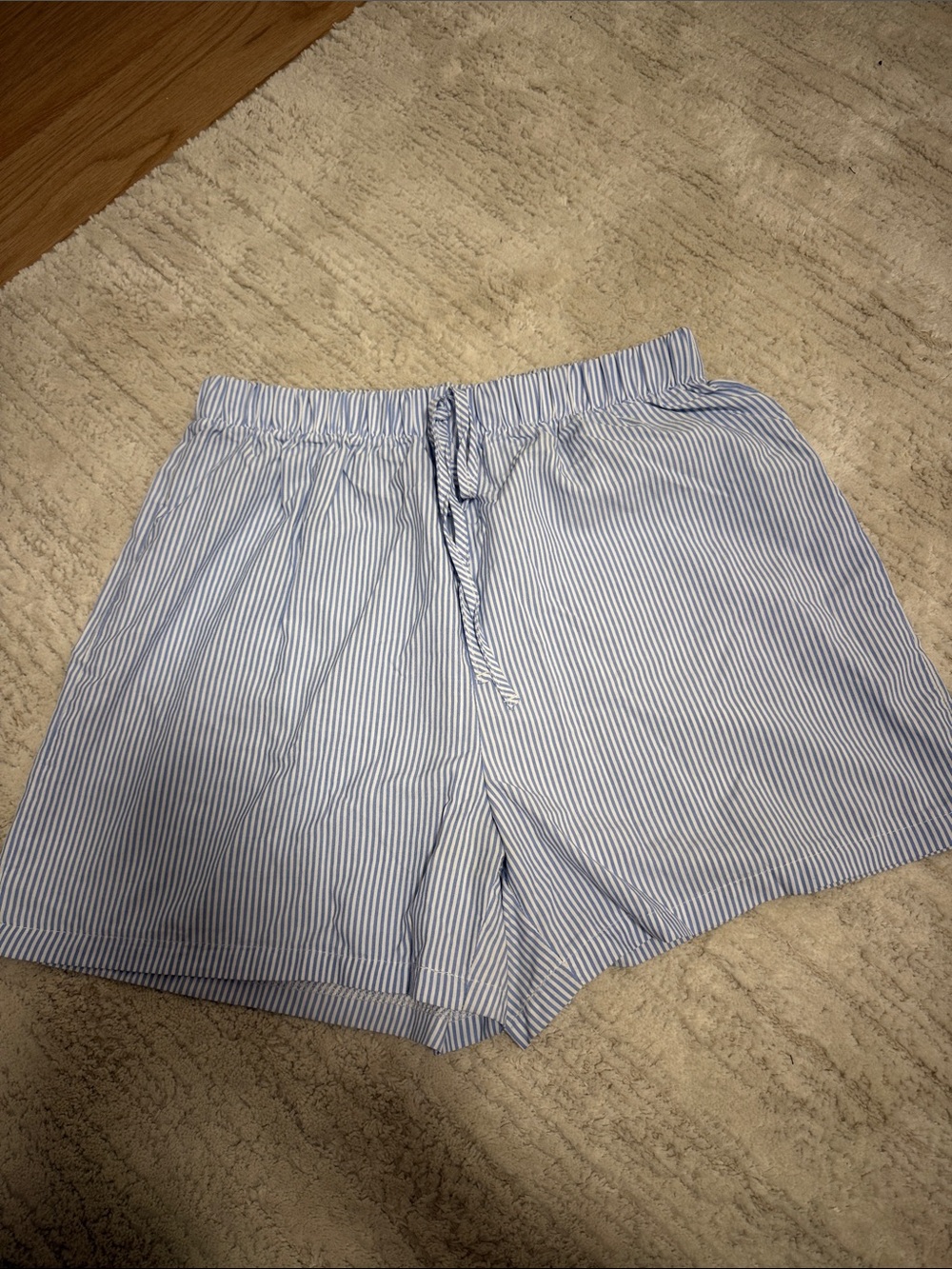 SHEIN Blue and White Striped Seersucker Drawstring Shorts